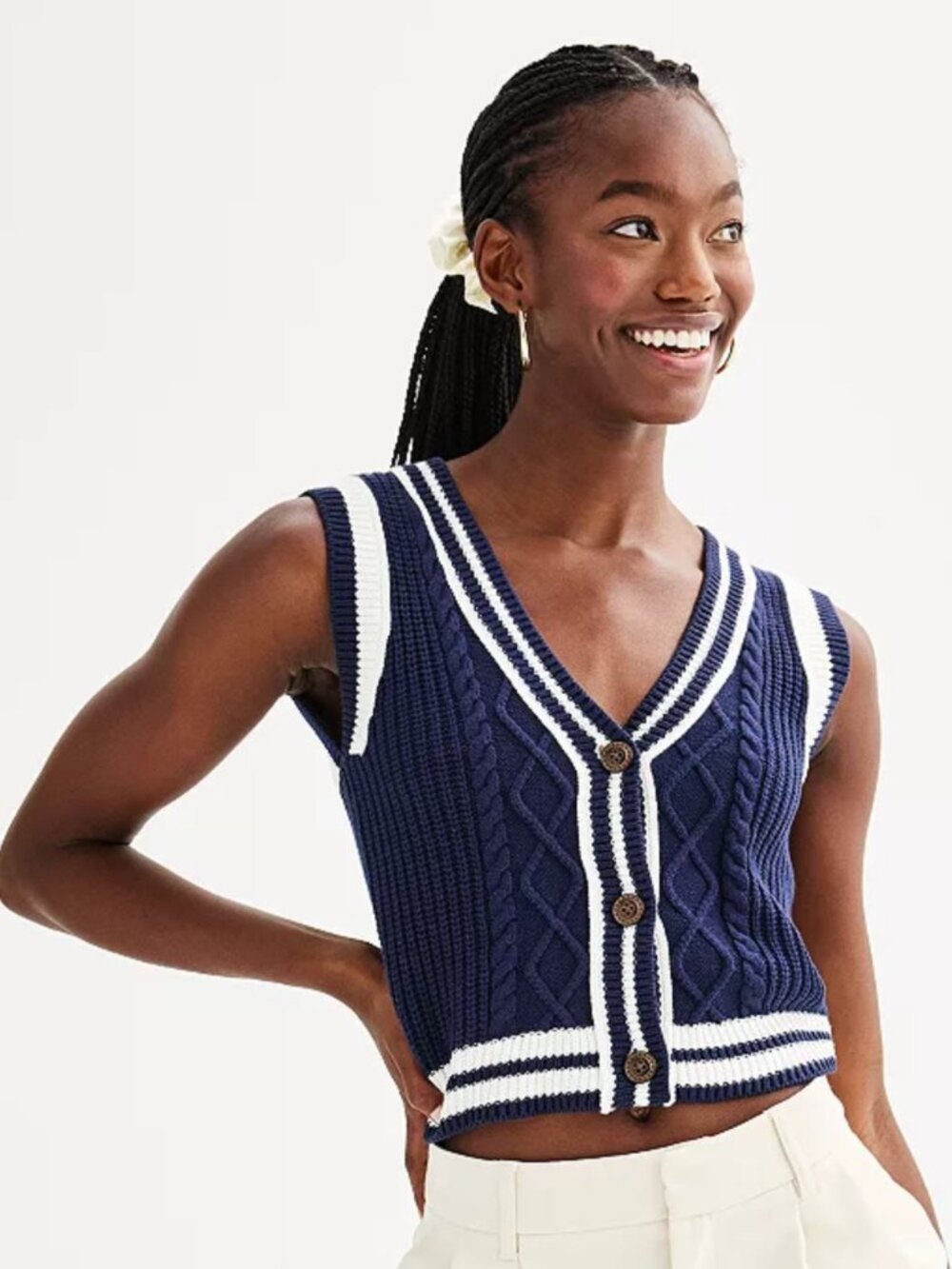 SO® Blue and White Cableknit Button Up Sweater Vest | Small